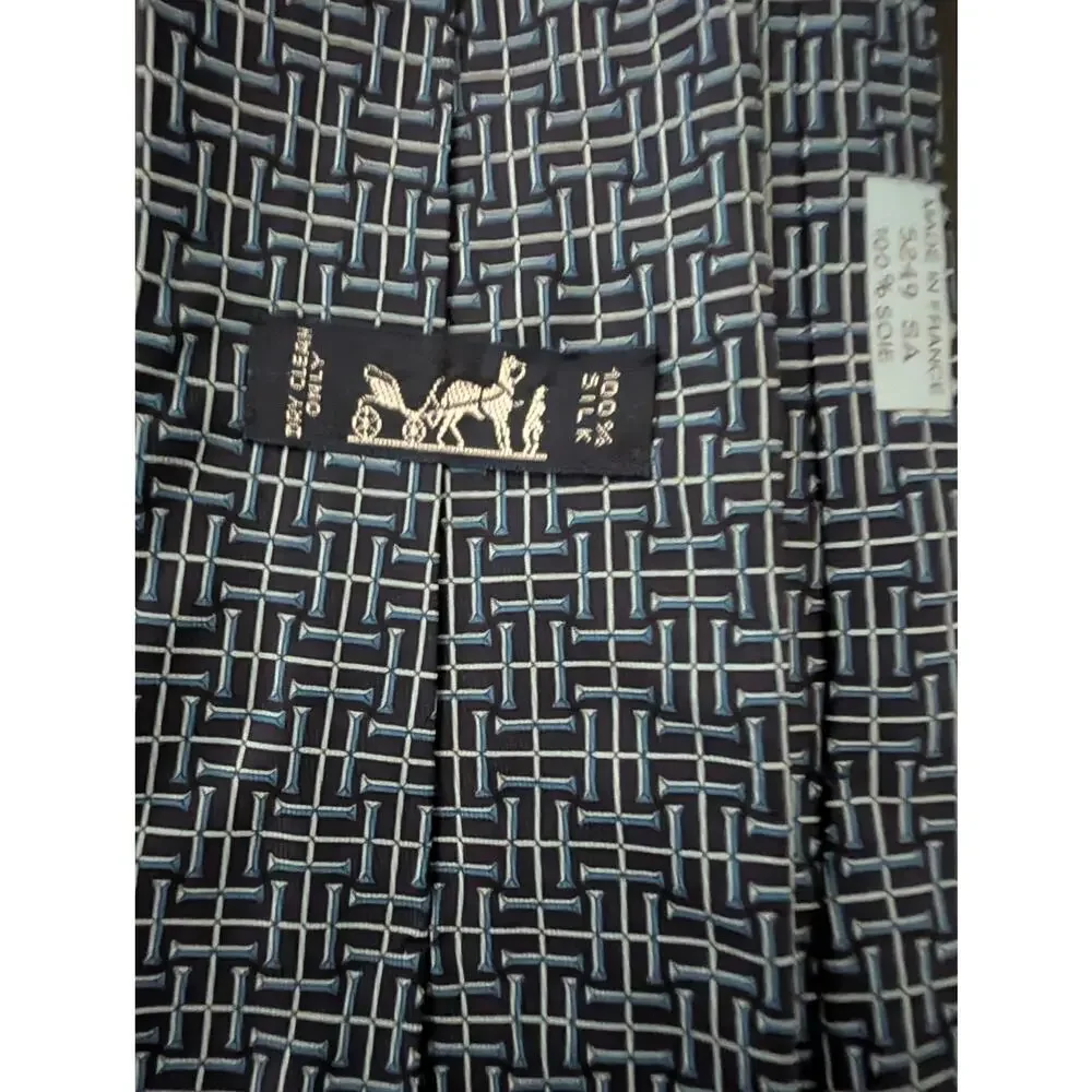 Vintage Hermès 100% Silk Men's Blue Tie With White & Blue Geometric Designs